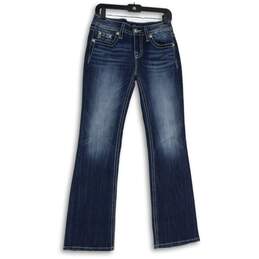 Womens Blue Embroidered Denim 5-Pocket Design Bootcut Leg Jeans Size 27