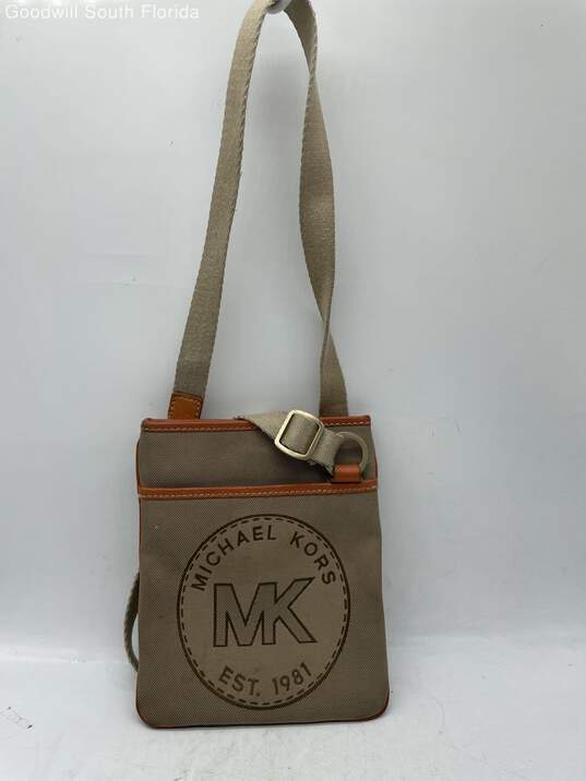 Michael Kors Womens Beige Brown Monogram Adjustable Strap Crossbody Bag image number 1