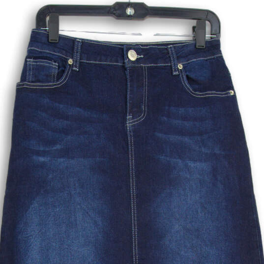 Womens Blue Denim Pocket Embroidered Hem Maxi Skirt Size Small image number 3