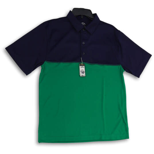 NWT Mens Blue Green Colorblock Collared Short Sleeve Golf Polo Shirt Size M image number 1