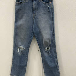 Womens Blue Denim Distressed Heritage High Rise Straight Jeans Size 30