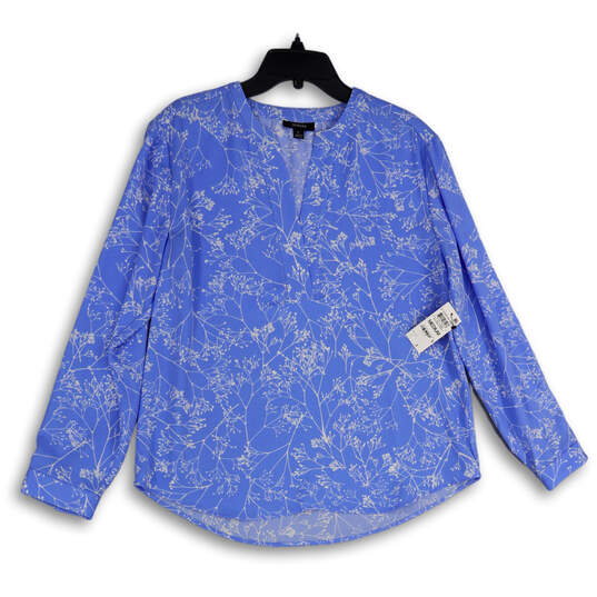 NWT Womens White Blue Floral Split Neck Long Sleeve Blouse Top Size M image number 1