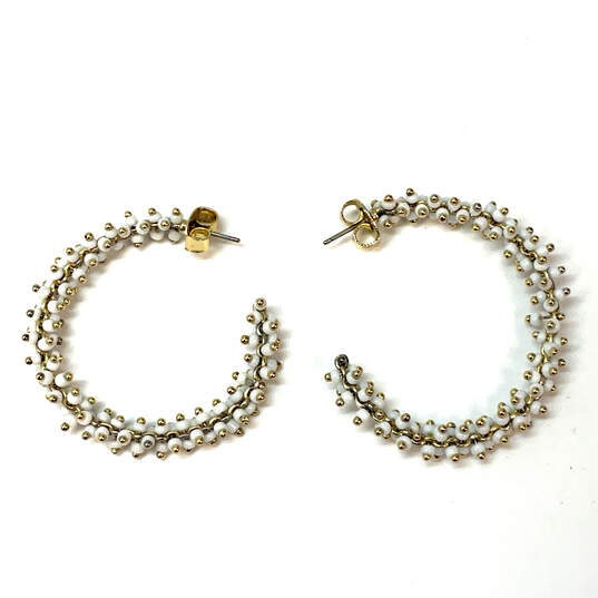 Designer J. Crew Gold-Tone Fashionable White Beaded Hoop Earrings image number 2