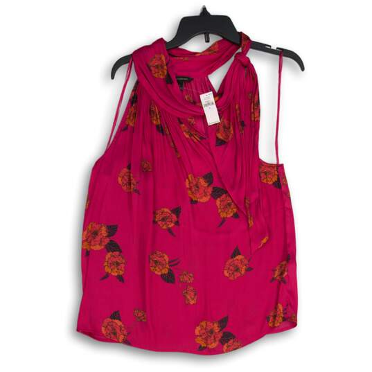 NWT Womens Magenta Floral Pleated Tie Halter Neck Sleeveless Blouse Top Size S image number 1