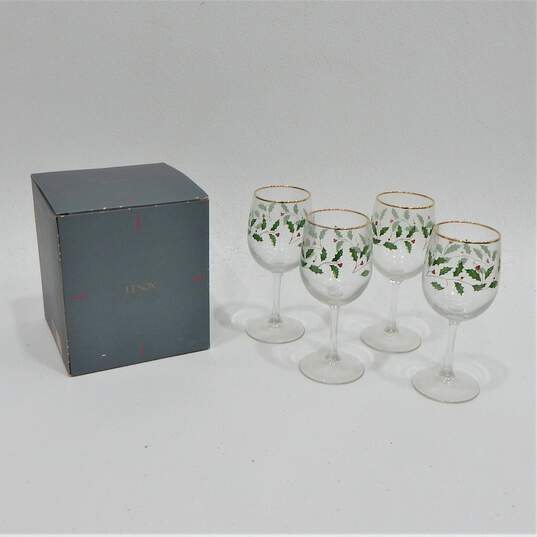 Lenox Holiday Goblet Set Of 4 Holly Leaf Berry Print Wine Glasses IOB Gold Rim image number 1