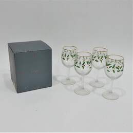 Lenox Holiday Goblet Set Of 4 Holly Leaf Berry Print Wine Glasses IOB Gold Rim