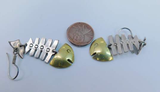 Taxco Mexico Artisan 925 Sterling Silver & Brass Fish Skeleton Drop Earrings 13.4g image number 5