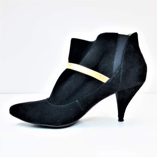 Women's Sigerson Morrison Electtra Elf, Black, Suede Heeled Boots  w/ Gold Strap image number 2