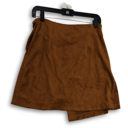 Womens Brown Suede Flat Front Belted Wrap Mini Skirt Size 4 image number 2