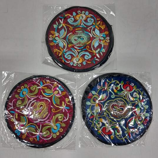 3 Pairs of Assorted Embroidered Floral Coasters image number 1