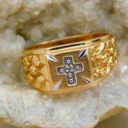 10K Two Tone Yellow & White Gold Cross Religious Chunky Statement Textured Ring 5.2g
