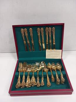 F.B. Rodgers 42 Pc Gold Plated Flatware Set in Wooden Case