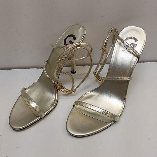 G by GUESS Roselyn Gold Leather Strap Sandal Heels Shoes Size 10 M image number 2