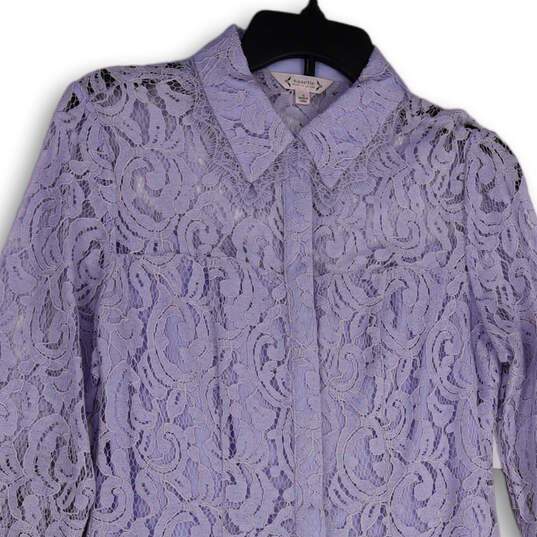 Womens Purple Floral Lace Overlay Button Front Long Sleeve Shirt Dress 10 image number 3