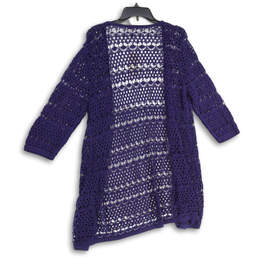 NWT Womens Navy Crochet Long Sleeve Open Front Cardigan Sweater Size 3 alternative image