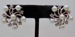 Vintage Crown Trifari Silver Tone Faux Pearl & Rhinestone Clip Earrings 12.1g