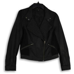 Womens Black Long Sleeve Asymmetrical Zip Motorcycle Jacket Size Medium