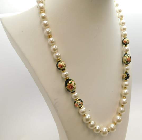 Vintage Cloisonné Faux Pearl Floral Enamel Bracelets & Necklaces 134.4g image number 2