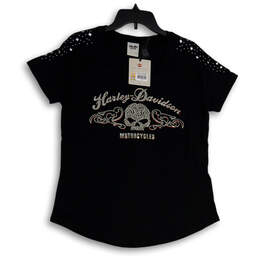 NWT Womens Black Studded Round Neck Short Sleeve Pullover T-Shirt Size L