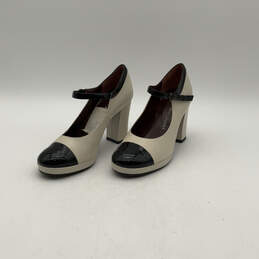 Womens White Black Leather Cap Toe Ankle Strap Block Pump Heels Size 36.5 alternative image