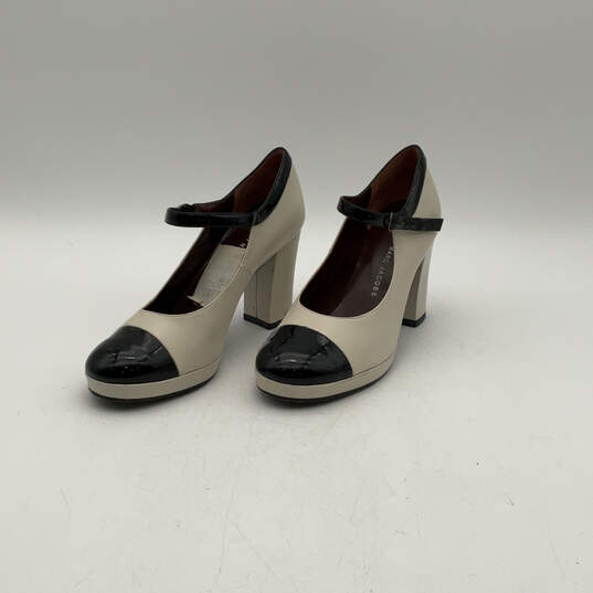 Womens White Black Leather Cap Toe Ankle Strap Block Pump Heels Size 36.5 image number 2