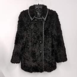 Womens Black Faux Fur Long Sleeve Collared Button Front Jacket Size Medium