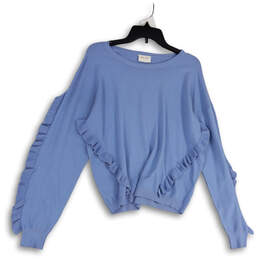 Womens Blue Knitted Round Neck Ruffle Sleeve Pullover Sweater Size Large