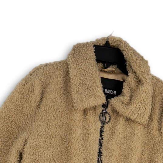 Womens Beige Long Sleeve Front Pockets Fur Trim Full-Zip Jacket Size Medium image number 3