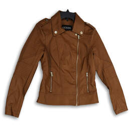 Womens Brown Spread Collar Long Sleeve Asymmetrical Zip Jacket Size Small