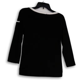 Womens Black White Boat Neck Long Sleeve Pullover Blouse Top Size Medium