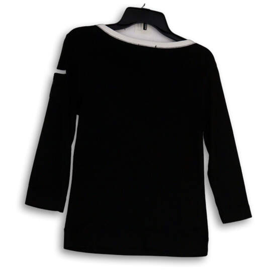 Womens Black White Boat Neck Long Sleeve Pullover Blouse Top Size Medium image number 1