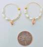 14K Gold Pink Cubic Zirconia Heart Charm Freshwater Pearl Beaded Hoop Earrings 2.9g image number 3