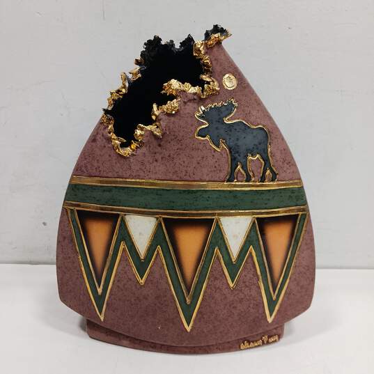 Signed Moose Motif Pottery Decorative Vase image number 1