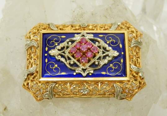 Vintage 18K Yellow Gold Ruby & Cloisonné Blue Enamel Ornate Brooch 17.4g image number 6
