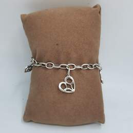 Sterling Silver Melee Diamond Heart Charm 7 3/4" Bracelet 14.4g