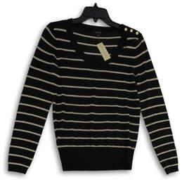 NWT Womens Black Gold Striped Knitted V-Neck Pullover Sweater Size S