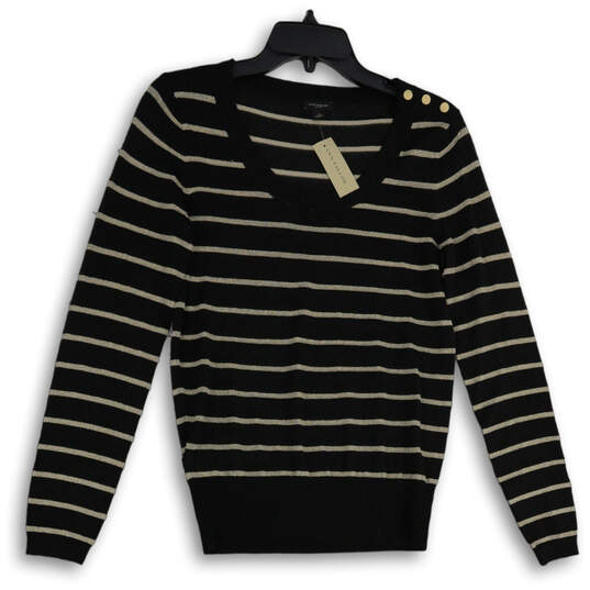 NWT Womens Black Gold Striped Knitted V-Neck Pullover Sweater Size S image number 1