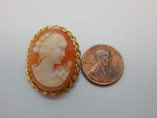 Vintage 14K Gold Carved Cameo Woman Twisted Oval Pendant Brooch 6.3g image number 2