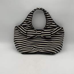 Womens Black White Striped Inner Pockets Double Handle Bow Hobo Bag