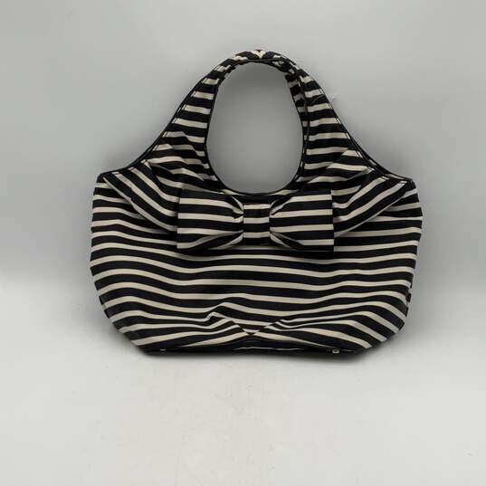 Womens Black White Striped Inner Pockets Double Handle Bow Hobo Bag image number 1