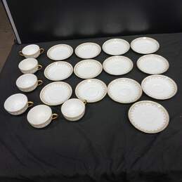 Bundle of 13 Saucers and 6 Cups that are White w/Gold Tone Trim