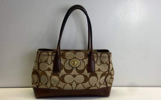 COACH 11558 Madeline Tan Brown Turnlock Signature Canvas Satchel Bag image number 1