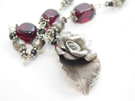 Ethereal 925 Rose Flower Pendant Glass Bead Necklace, Garnet Earrings & Knot Bangle Bracelet 50.7g image number 6