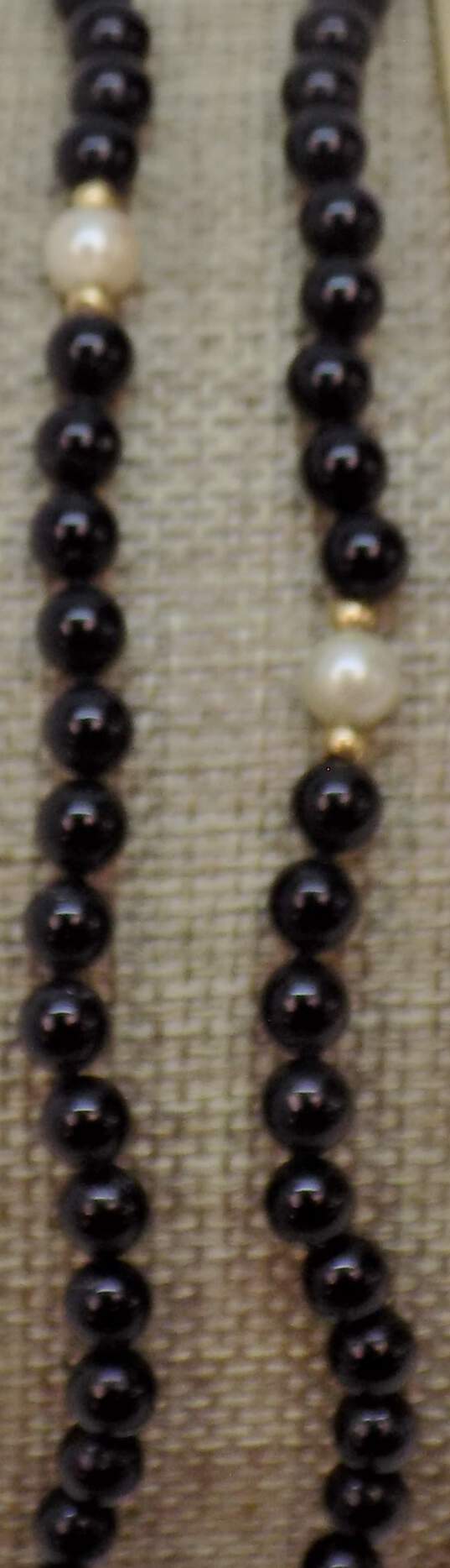 Romantic 14K Yellow Gold Pearl & Onyx Beaded Necklace 21.8g image number 5