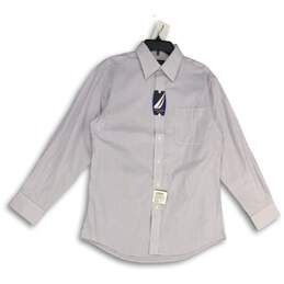 NWT Nautica Mens White Striped Spread Collar Long Sleeve Button-Up Shirt 32/33
