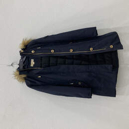 Womens Blue Long Sleeve Fur Hooded Pocket Zip Parka Jacket Size M