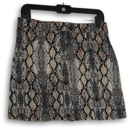 Womens Gray Taupe Snakeskin Print Front Zip A-Line Skirt Size Large alternative image