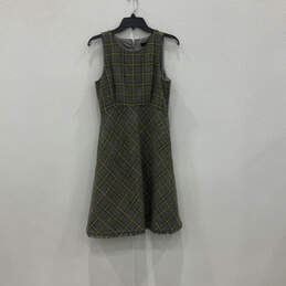 NWT Womens Green Gray Plaid Round Neck Back Zip Fit & Flare Dress Size 6