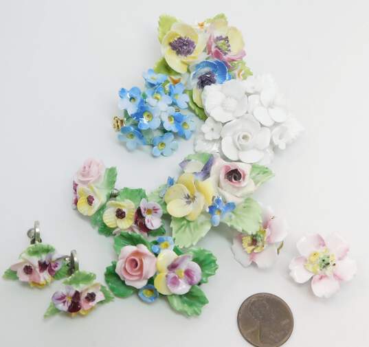 (G) VNTG English Artone Denton & Fash China Porcelain Flower Brooches Earrings image number 6