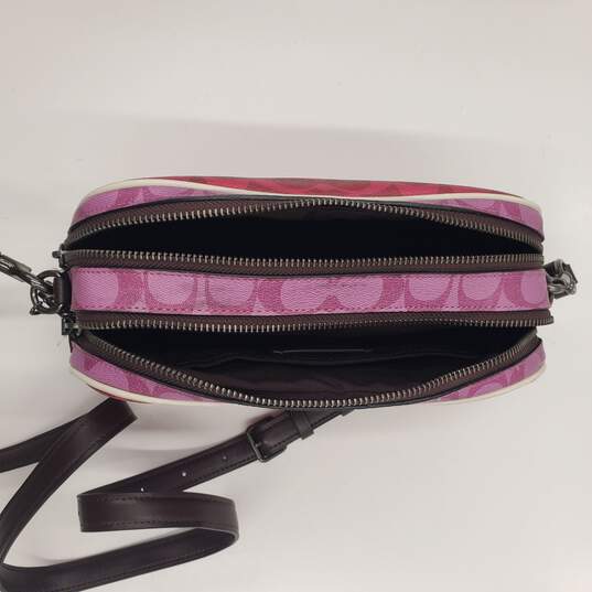 Buy the Coach Jes Crossbody Bag Blocked Signature Canvas Purse in  Fuchsia/Purple/Pink & Leather Trim 90398